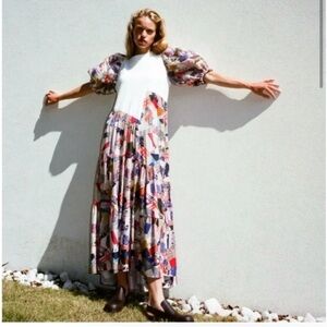 SEA New York Midi Quilted Patchwork Puff-Sleeve Harlow Dress XS